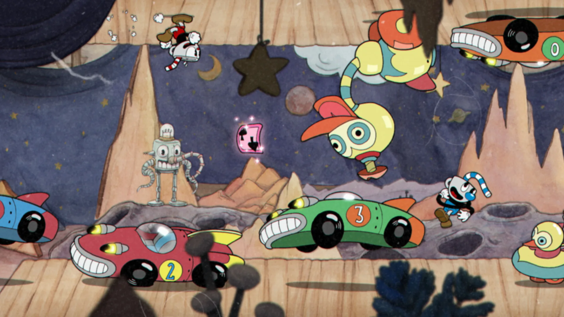 Cuphead, a hand-drawn 2D run-and-gun